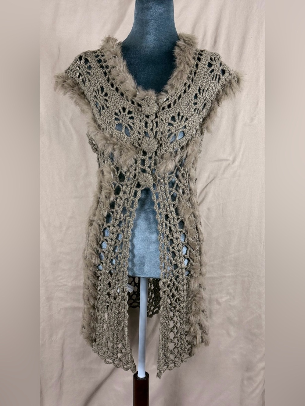 Bacci Crochet Fur Trim Vest - Taupe oversized Buttons Hippie Viking Renaissance